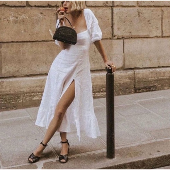knee length dresses for ladies Reformation Everett Square Neck Linen Midi Dress White main image 0